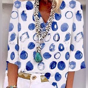 NWOT.Blue & White Polka Dot  Blouse size L (USA size 8/10)